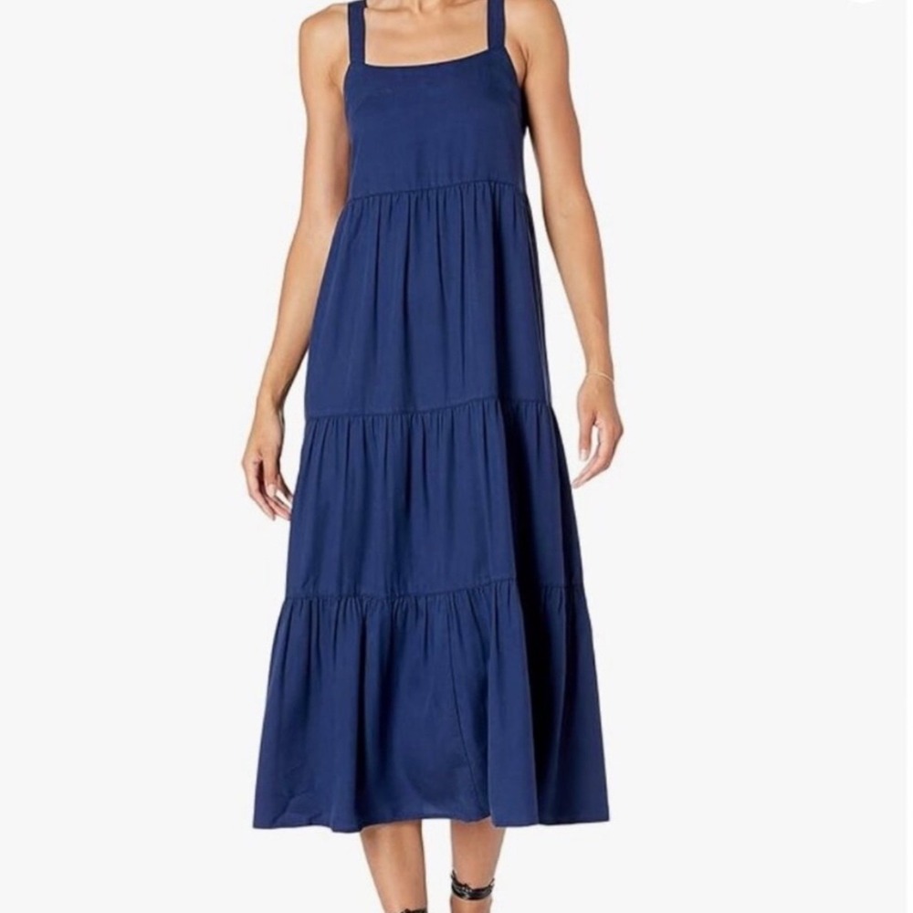 The Drop Britt Tiered Maxi‎ Dress SZ Medium Navy Blue Excellent Tencel Lyocell